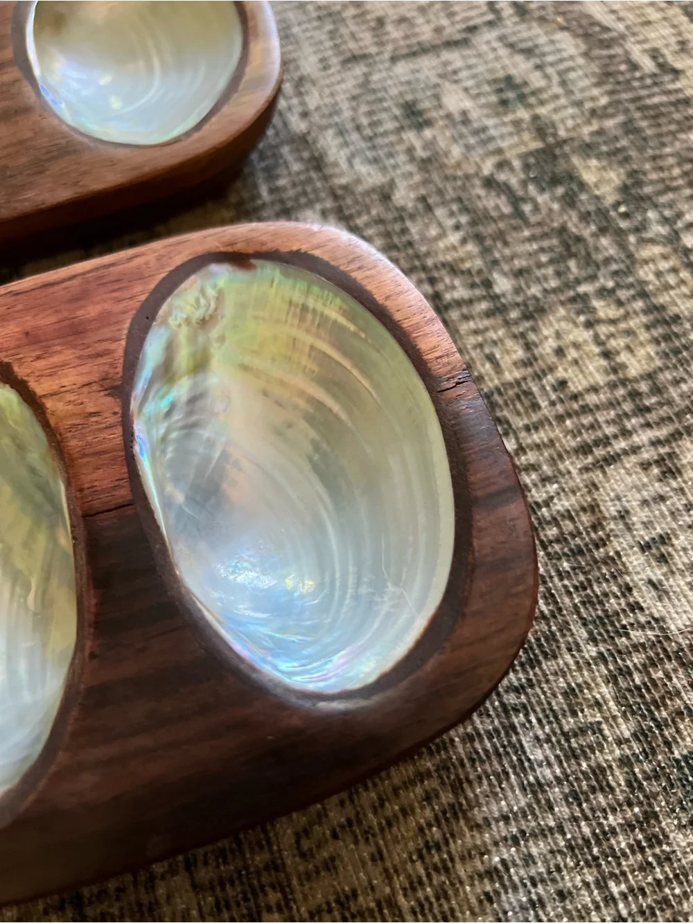 2 Vintage Mid-Century Monkey Pod Wood Double Salt Cellars Mother of Pearl Inlay